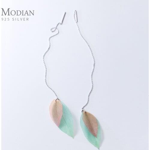Modian Simple Tree Leaves Charm Drop Earrings Real 925 Sterling Silver Asymmetry Hypoallergenic Dangle Ear For Women Jewelry
