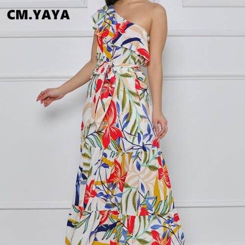 CM.YAYA Women Long Dress Print Sleeveless Diagonal Collar Ruffles Loose Floor-length Dress with Sashes Female High Street Outfit