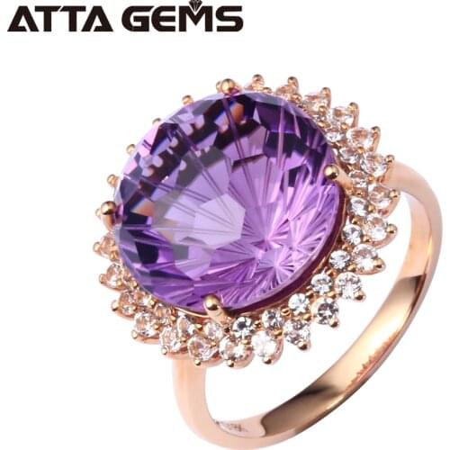 Natural Amethyst Real 18K Rose Gold Women Wedding Ring 13 Carats Amethyst Firework Cutting With Diamond Ring Jewelry Brand
