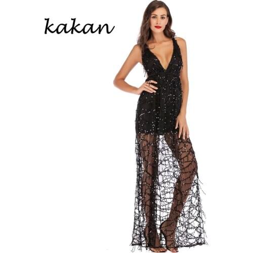 Kakan 2019 new womens tassel sequin dress sexy club party dress bohemian sexy backless deep V-neck strap dress