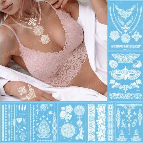 1pc Fake Flower Temporary Waterproof Tatoo Henna White Bride For Women Body Art Tatto Pendant Choker Jewelry Lace Tatoo Sticker