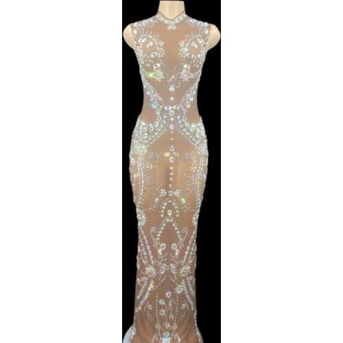 Sparkly Rhinestone Crystals Mesh See Through Long Dress Sleeveless Evening Gown Birthday Dress Stage Dance Show Party Outfit