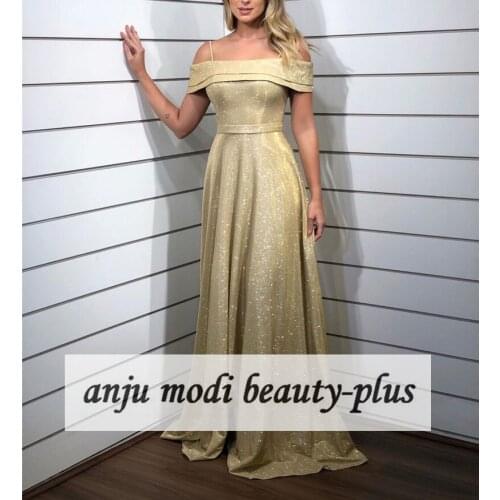 Sparkly Glitter Gold Off Shoulder Prom Dresses Long Sleeveless A Line Formal Evening Party Ball Gowns Robe De Soiree