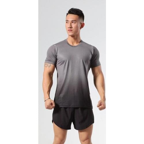 Quick Dry Ombre Running Workout Short Sleeve Shirt Men Stretchy O-neck Fitness Gym Tarining Sport Tee Sportswear S-3XL