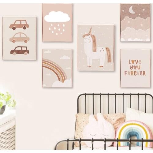 Unicorn Rainbow Cactus Sun Moon Car Stars Cloud Wall Art Canvas Painting Nordic Posters And Prints Wall Pictures Kids Room Decor