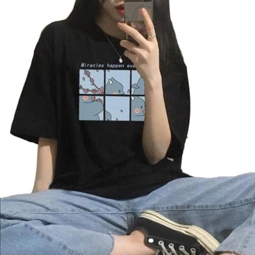 Student T-Shirts Girls Women Summer Casual Round Neck Short Sleeve Cartoon Print Loose Blouse T-Shirt Lady Top Plus Size