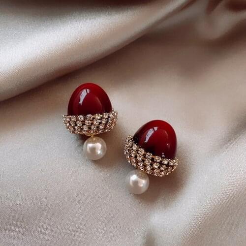Exquisite Imitation Pearl Rhinestone Cherry Earrings for Women Red Color Bow Hollow Cherry Dangle Earrings 2021 Trend Jewelry