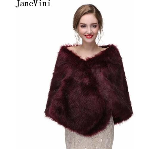 JaneVini Bolero Mariage Fausse Fourrure Wine Red Faux Fur Winter Jacket Wedding Coat Women Boleros Bridal Wraps Capes Chal Mujer