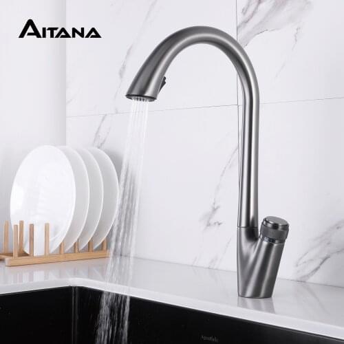 Modern style button pull out Brass Kitchen faucet,household dual function sink faucet