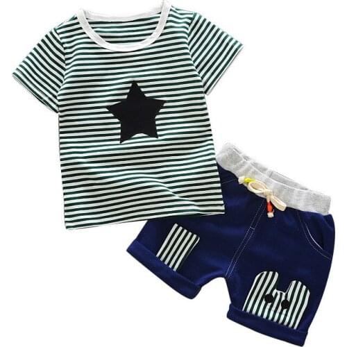 Baby Boys Girls Summer Clothes Set Infant Sports Suit Cute Stripe Pentagram Patch T-Shirt + Denim Shorts Christmas Two-piece Set