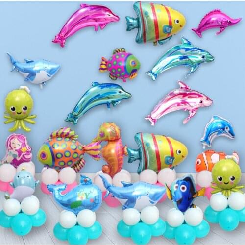 Ocean Fish Balloons Stand Holder Kids Birthday Party Decoration Baby Shark Globos Childrens Day Boy Girl Foil Ballon Toy Dq72