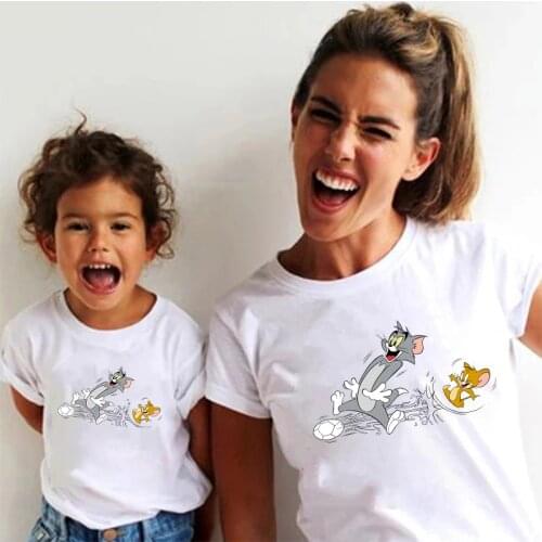 Kawaii Family Daily Wear Eye-catching Funny Cartoon Characters Avatar Printed T-shirt Drape Soft Fabric Minimalist Style Pulover