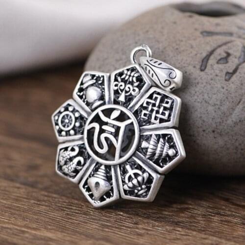 BOCAI New 100% real s990 silver jewelry retro ethnic style auspicious eight treasures "megacharacter" fashion woman pendant
