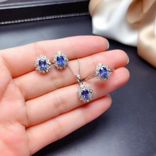 Top Quality Sapphire Set Natural And Real Sapphire Jewelry Set 925 Sterling Silver 1pc Ring,1pc Pendant,2pcs Earring