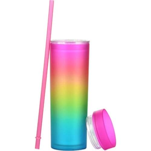 Plastic Gradient Straight Skinny Tumblers Cups 16oz Double Wall Colorful Portable Acrylic Tumbler Mugs With Straw And Lids