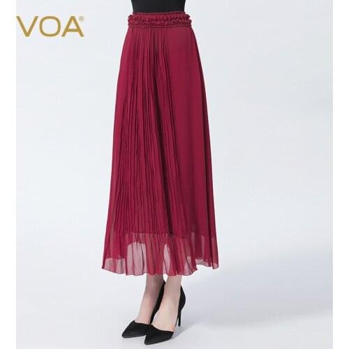 VOA 100% Silk Georgette Wine Red Natural Waist Loose Breathable Invisible Side Pull Slim Joker Party A-LINE Woman Skirts CE91