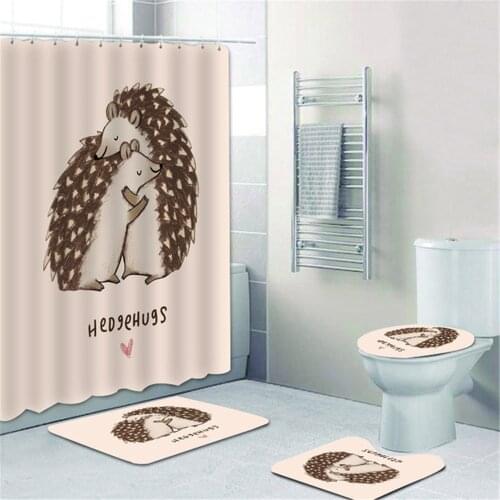 Funny Hedgehugs Hedgehog Love Shower Curtain Set Cartoon Kawaii Hedgehog Bathroom Curtain with Toilet Lid Cover Mat Rug Carpet