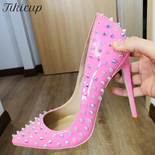 Tikicup Crystal Spikes Women Pink Patent Pointy Toe Stiletto Pumps 8cm 10cm 12cm High Heels Rivets Studs Sexy Ladies Party Shoes