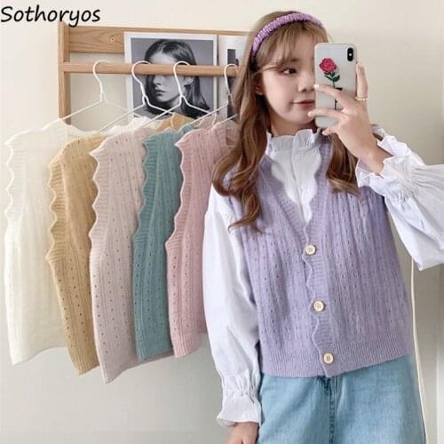 Sweater Vest Women Ruffles Single-breasted Candy Colors Sweet Tops for Ladies Harajuku Style Solid Fashion Chic All-match Ins