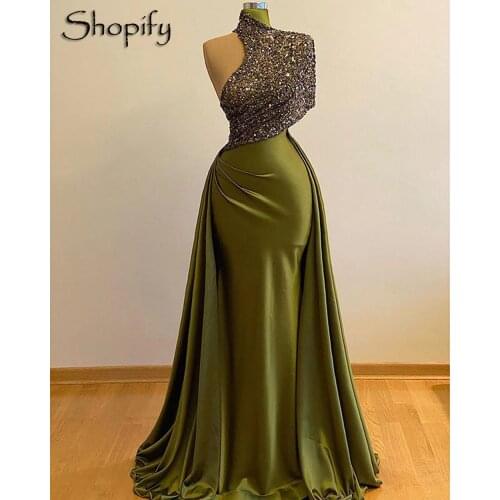 Luxury Long Evening Dresses 2021 High Neck Mermaid Style Beaded Dubai Women Olive Green Satin Formal Gowns