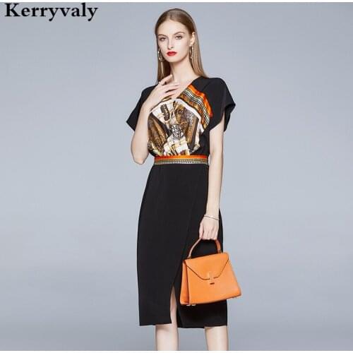 Summer Slim-Looking Retro Printed Black Dress Ropa Mujer Verano 2021 V-neck Waist Hugging Midi Party Dress Robe Femme K501