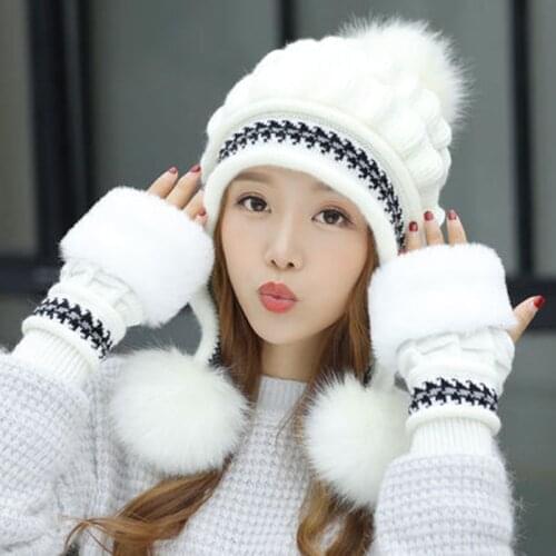Winter Rabbit Fur Woman Hats Gloves Scarf Sets Keep Warm Suit Hats Increase Stripe Glove Popular Knitted Cap Ear Flap Sets