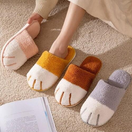Winter slippers women men couple shoes cute cat paws household indoor slippers unisex warm plush slippers