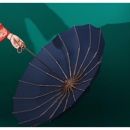 16 K super windproof women rain umbrella fashion retro wooden handle solid color large size business windproof strong umbrella