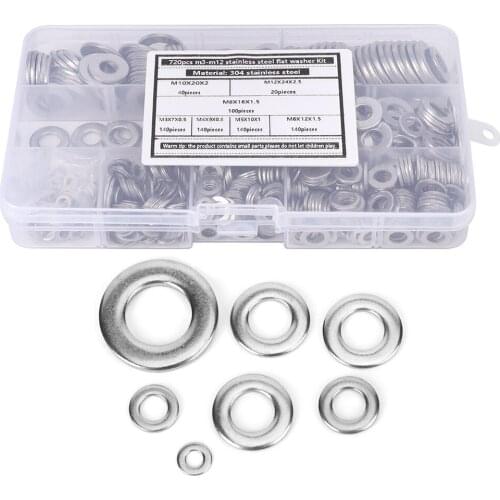720Pcs Flat Washer Kit 304 Stainless Steel Silver Spring Gasket Assortment Set M3-M12 Stainless Steel Flat Gasket