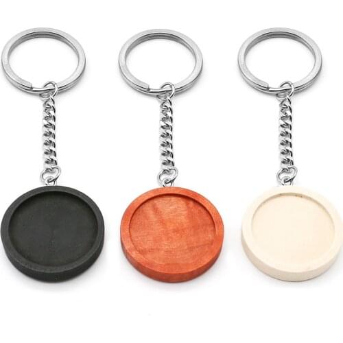 5pcs/lot 25mm Wood Cabochon Stainless Steel Keychain Base Settings Diy Blank Wooden Cameo Trays for Key Chain Jewelry Making