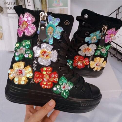 Tide brand fashion thin shoes, heavy industry, handmade sequins, high-top flat shoes, canvas shoes, spring and autumn leisure