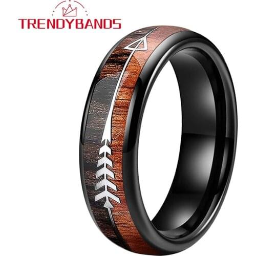 6MM Black Tungsten Carbide Rings For Women Men Wedding Band Wood And Arrow Inlay Domed Polished Shiny Comfort Fit