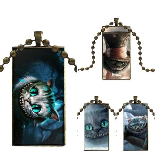 For Unisex Alice In Wonderland Cheshires Cat Glass Pendant Galaxy Pendant Necklace Women Bronze Plated Necklaces Jewelry