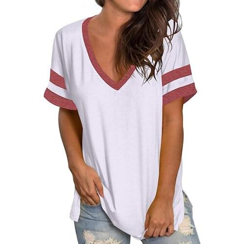 2021 Summer New Womens T-shirt Casual V-neck Pullover Stitching Contrast Color T-shirt Short-sleeved Casual Summer Top T-shirt