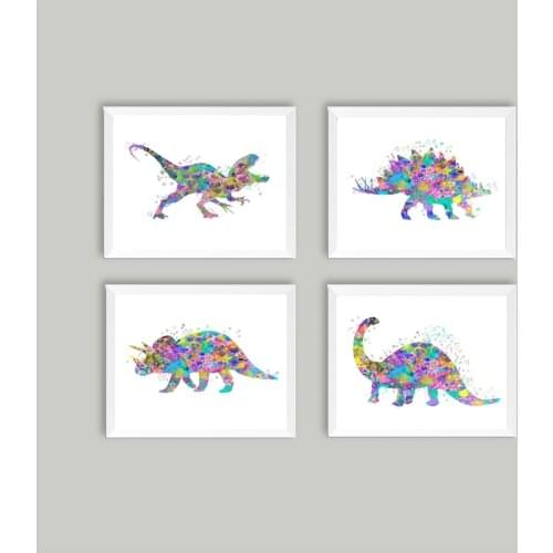 Dinosaurs Watercolor Canvas Poster Nursery Wall Art Print Painting Triceratops Pictures Children Bedroom Wall Decoration
