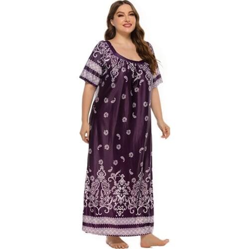 Hot Summer Casual Ladies Pajamas Retro Palace Silk Plus Size Dress Sleepwear Loose Printed Long Skirt Home Party Womens Nightie