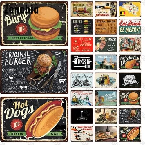 Tin Sign Metal Painting Beer Metal Poster Hamburger Chicken Leg Metal Tin Signs Bar Pub Club Home Decorative Retro Wall Stickers