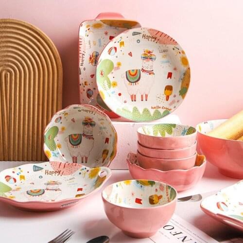Cute Alpaca Series Pink Hand-painted Ceramic Plate Rice Bowl Fish Dish Cartoon Household Dinner Plate Set Household Products