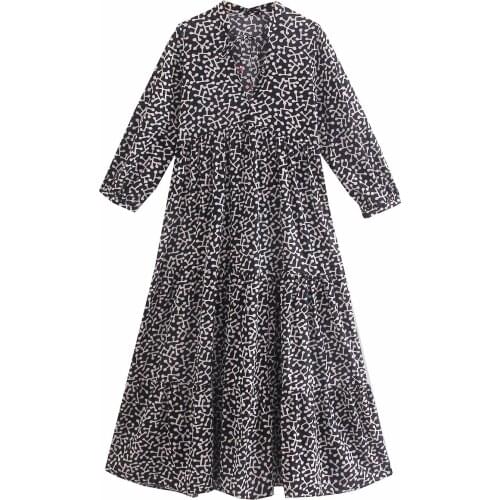 New Women Vogue Lace Up Printed Midi Dress V-neck Three Quarter Sleeves Vintage Female Dresses Boho style Woman Robe