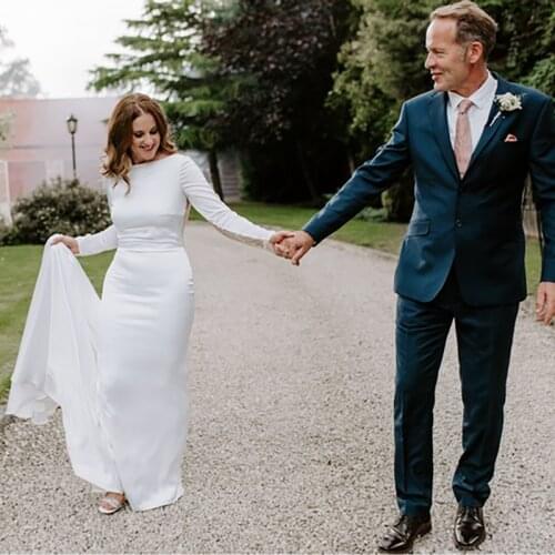 Boat Neck Illusion Lace Back Country Wedding Dress Long Sleeve 2021 Buttons Satin Elegant Custom Made Bridal Gowns Large Size