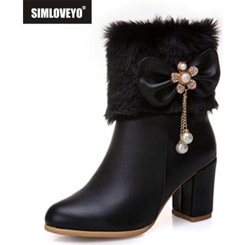 SIMLOVEYO Womens Ankle boots Tassel Bowtie Lovely Lolita Winter Fashion High Heel White Black Fur Ladies Party Wedding Shoes