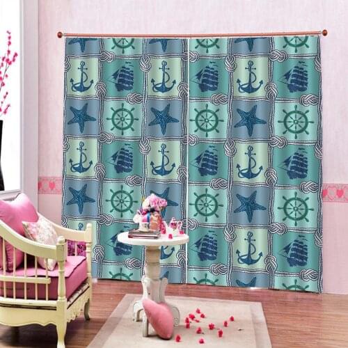 Blue sailboat Starfish Photo Print Curtain Large Window For Living room bedroom Sunshade Blackout Decor (Left and Right Side)
