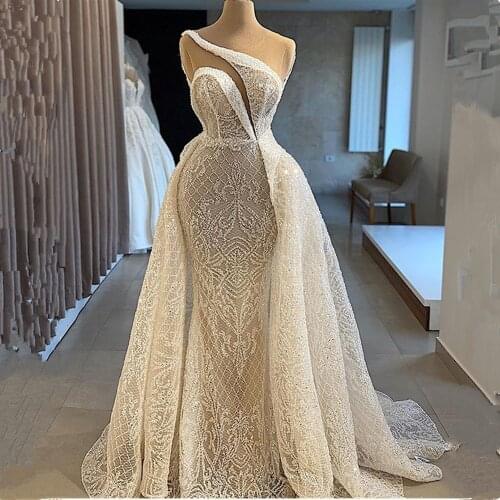 2021 Unique Design One Shoulder Detachable Train Wedding Dress Luxury Sequins Beads Tulle Wedding Bridal Gowns Robe De Mariage