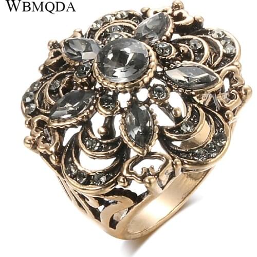 Kinel Luxury Gray Crystal Flower Vintage Wedding Rings For Women Boho Punk Turkish Jewelery Bague Femme 2020 New