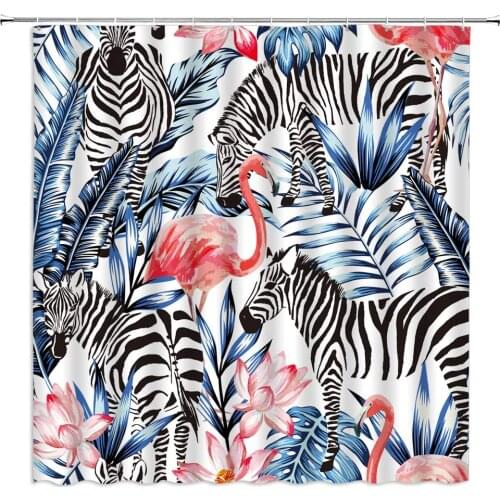 Flamingo and Zebra Shower Curtains Watercolor Plant Leaf Pink Flower Animal Themed Pattern Bathroom Decor Cloth Hanging Curtain