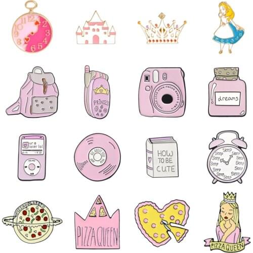 Cartoon Cute Pink Enamel Brooch Love Castle Crown Queen High Heels Phone Bag Book CD Bottle Alarm Badge Bag Pin Women Jewelry