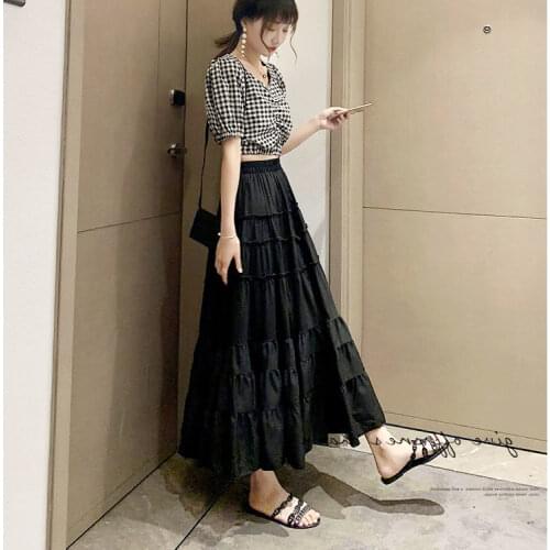 2021 Summer Solid Color High Waist A-line Maxi Long Skirts Womens Layered Chiffon Skirts Female Ankle-length Beach Skirt L644