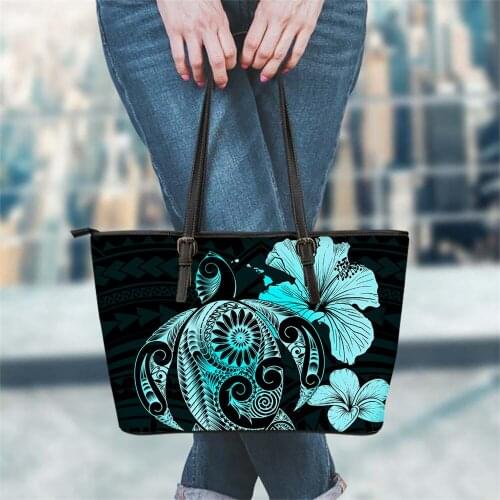 FORUDESIGNS Luxury Women Large Leather Tote Bag Polynesian Hibiscus With Sea Turtlr Printing Top Handle Shoulder Bags Handbags