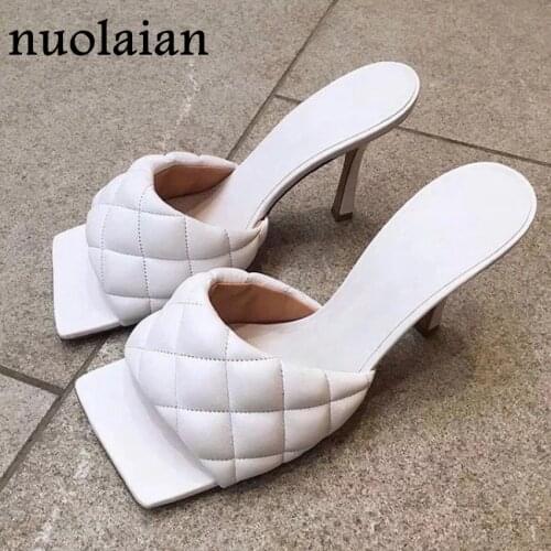 9CM Womens Summer High Heels Slipper Woman White Leather Square Peep Toe Sandals Ladies Sandal Shoe Pumps Chaussure