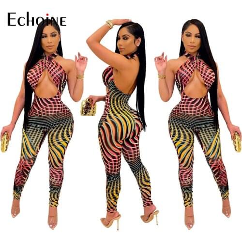 Echoine Bandage Sexy Women Halter Colorful Print Party Beach Jumpsuits Full Pant Bandage Rompers Lady one piece outfit bodysuit